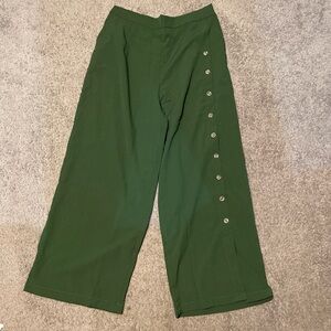 Wide Leg Button-Trim Pants in Forest Green